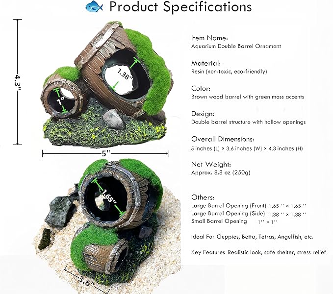 Moss-Covered Twin Broken Barrels Aquarium Decor – Resin Fish Tank Hideout with Artificial Moss for Betta, Shrimp & Small Fish