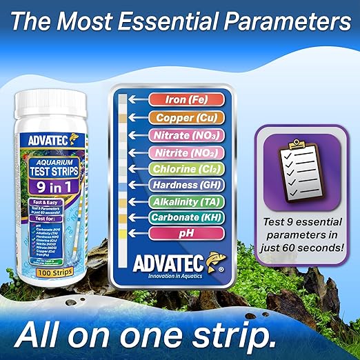 9 in 1 Aquarium Test Strips for Salt & Freshwater, Fish Tank Tester Kit for Iron, Copper, Carbonate, pH, Nitrate, Nitrite, Chlorine, Total Hardness & Alkalinity - 100 Count