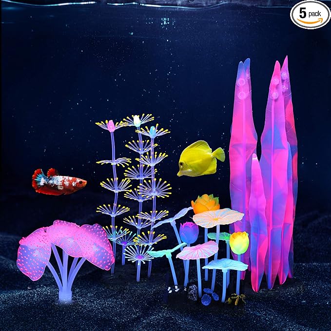 Lpraer 4 Pack Glow Aquarium Decorations Coral Anemone Lotus Leaf Seaweed Simulation Glow Plant Glowing Effect Silicone for Fish Tank Decorations