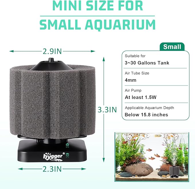 hygger Self-Sinking Sponge Filter for 3–30 Gallon Aquarium, Air Powered Foam Filter for Freshwater & Saltwater Tanks, Betta & Shrimp Safe