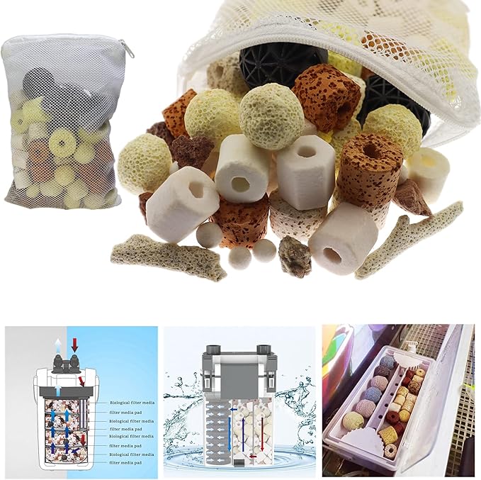 Aquarium Filter Media: 12-in-1 Bio Balls & Ceramic Rings Kit (1000g) for Fish Tank or Pond - Includes Zippered Mesh Bag