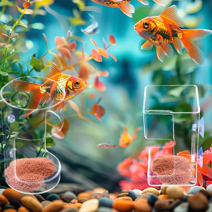 2pcs Fish Tank Feeding Trays, Plastic Transparent Round & Square Feeder Box with 4 Suction Cups Practical Accessories Supplies for Fish Tank Aquarium