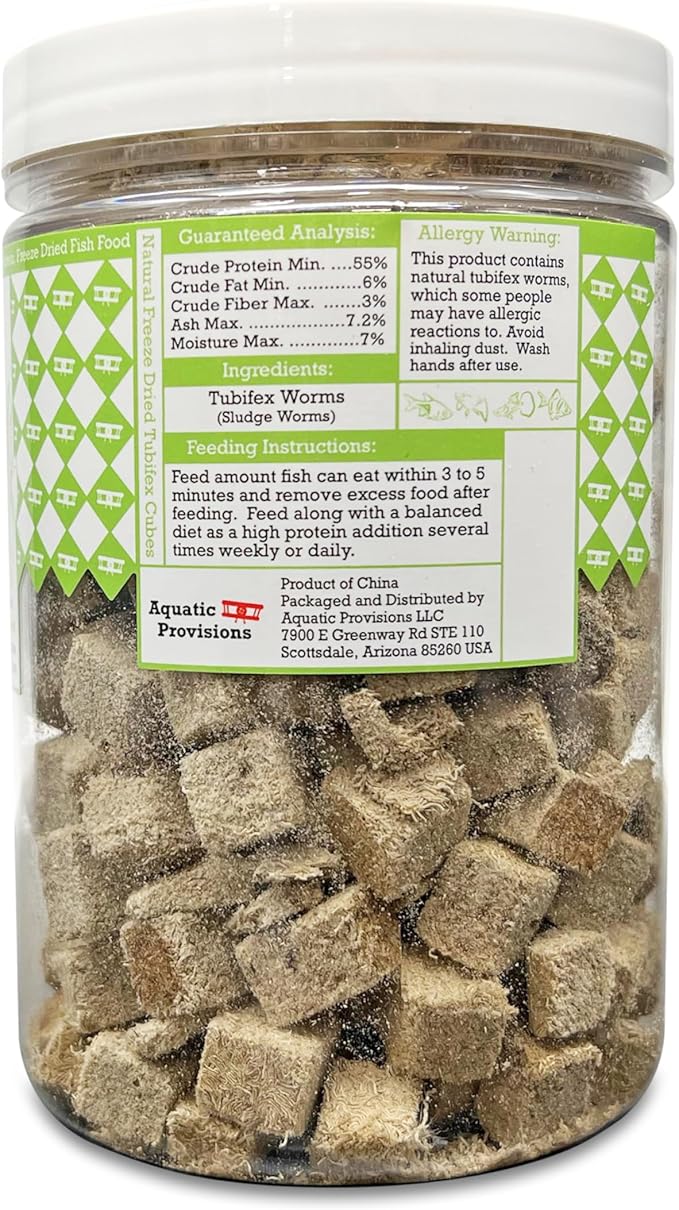 Aquatic Provisions Freeze Dried Tubifex Cubes 3 oz, Fish Food for Freshwater and Marine Aquarium Fish
