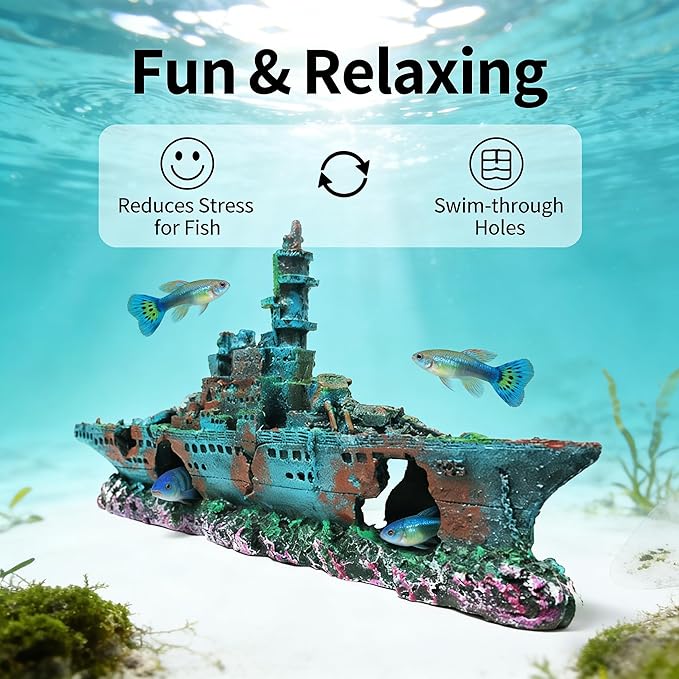 Eco-Friendly Resin Aquarium Shipwreck Decor, Realistic Sunken Ship Fish Tank Ornament, Safe Hideout & Landscaping Accessory for Betta Fish, Freshwater and Saltwater Aquariums