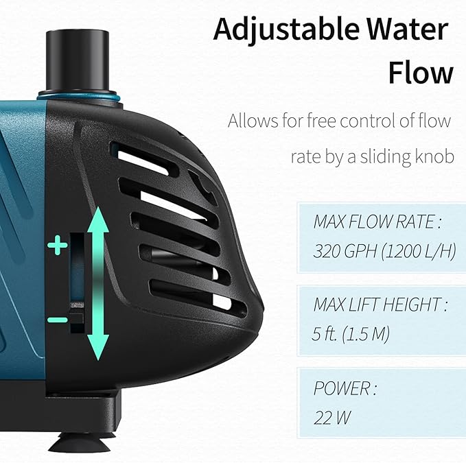 Uniclife Aquarium 320 GPH Submersible and Inline Water Pump 22W 5ft High Lift AC 120 V Quiet Adjustable Return Pump with 6 ft. Power Cord for Fish Tanks Pond Waterfalls Fountains Sumps and Gardens