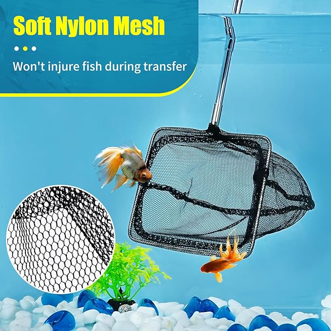 AQUANEAT Aquarium Net with Extendable Long Handle, Adjustable Wastes Skimming Cleaning Tools for Fish Tanks, 8 inch