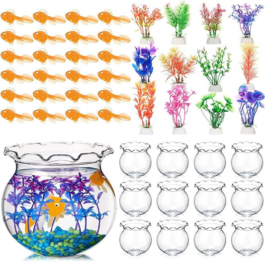 Jexine 12 Pack Plastic Fish Bowl 48 Pcs Floating Fake Goldfish 12 Pcs Artificial Aquatic Plant 2.65 Pound Tank Rock for Aquarium Tank Party Table Centerpiece Decoration Accessories (Blue Stone)