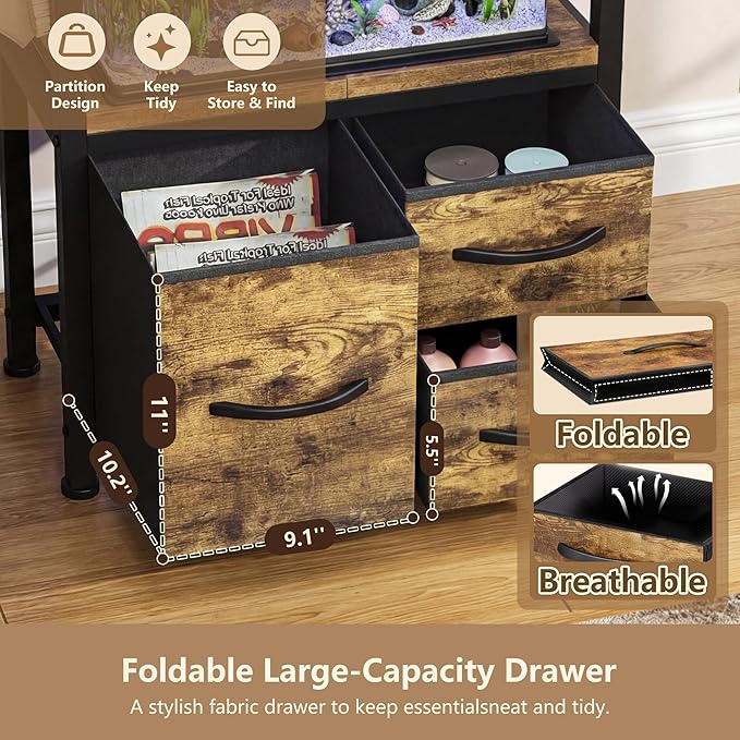 Heybly 5-10 Gallon Fish Tank Stand, Aquarium Stand with Drawer, Power Outlet, Heavy Duty Metal Frame, for Fish Tank, Turtle & Reptile Terrarium, 20.5" × 10.2" Top, 200lbs, Rustic Brown HAS002SSR