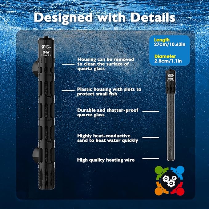 AquaMiracle Submersible Aquarium Heaters, 500W Fish Tank Heater with LED Digital Temp Display, Dry-Run Auto Power-Off & Overheat Protection, for Freshwater and Saltwater Tanks (75-120 Gal)