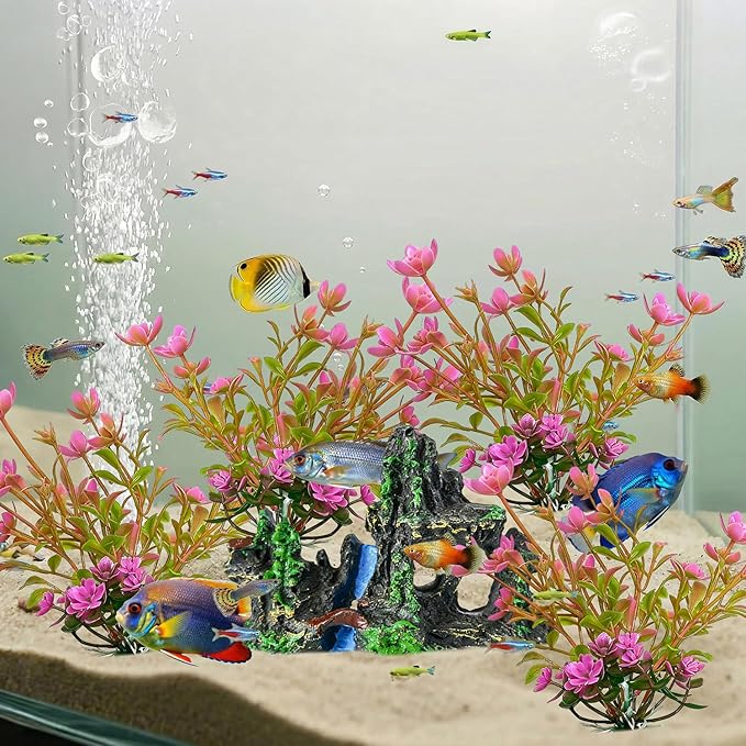 4 PCs Artificial Aquarium Plants with Rock Cave Ornament Set, Small Aquarium Decor Set, Plastic Aquatic Plants for Betta Fish, Fish Tank Decorations Accessories for Freshwater Aquarium