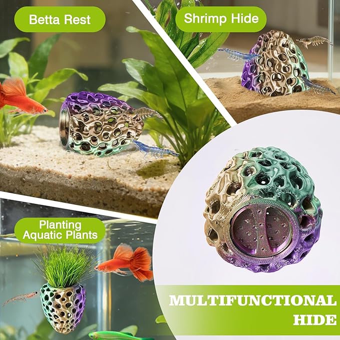 Shrimp Dome Hide, Shrimp Hides for Aquarium, Betta Fish Hideout with Suction Cup, Betta Habitat Tank Ornament Accessories, Aquarium Decor for Small Fish Guppy Hiding Resting (Lid Green Purple)