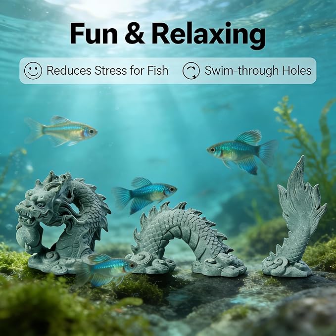 3-Piece Asian Dragon Aquarium Decor Set, Resin Bluestone Sand Ornaments, Sandstone Style, for Freshwater and Saltwater Fish Tanks and Gardens