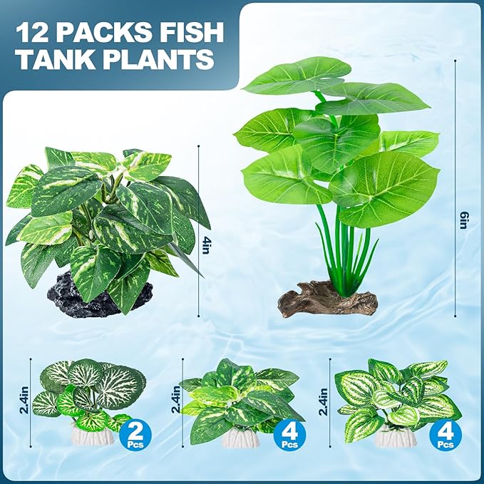 CousDUoBe 12 Pcs Betta Fish Tank Decor，Silk Aquarium Plants Green Fish Tanks Decoration Plants, Aquarium Decorations Green Plants