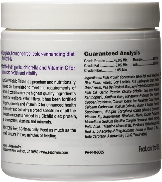 Seachem NutriDiet Cichlid Fish Flakes - Probiotic Formula with GarlicGuard 30g/1oz (Pack of 2)