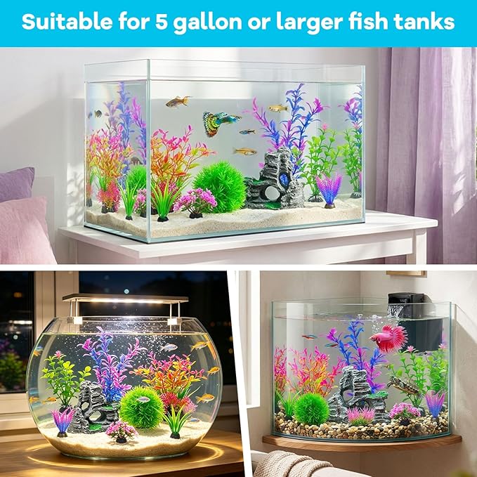 8Pcs Aquarium Decor Set, Artificial Plastic Plants and Rock Cave for Fish Tank Decorations, Goldfish Betta Fish Tank Accessories Supplies Realistic Small Large Fish Bowl Ornaments