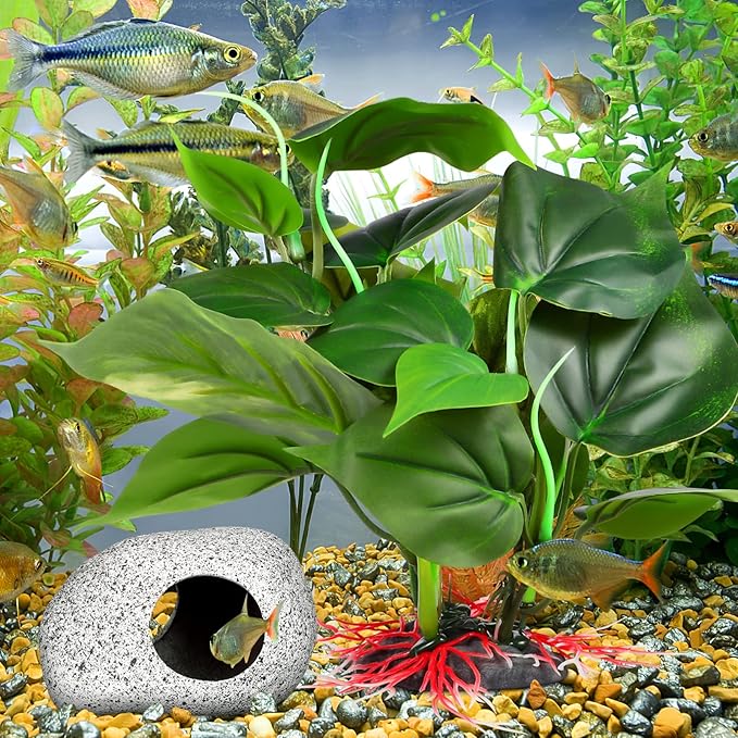 Cichlid Caves for Aquarium - Hideaway Rock Cave with Fish Tank Plants for Betta Shrimp Cichlid Hiding Breeding, Underwater Plastic Plant Aquatic Decor