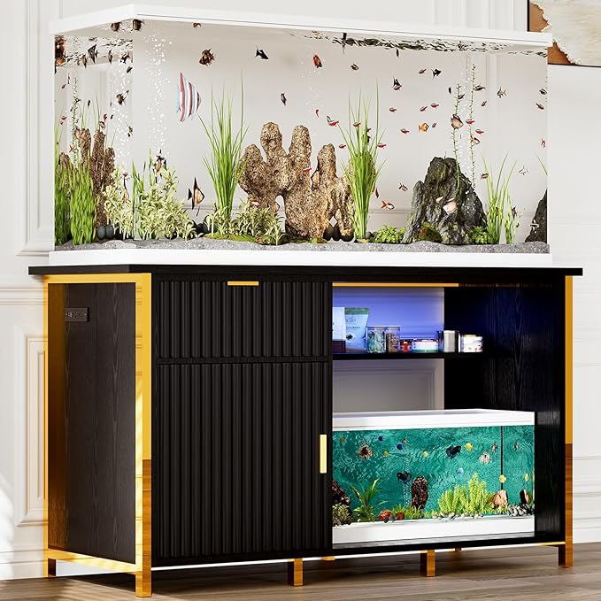 55-75 Gallon Fish Tank Stand with Power Outlets, LED Light, Vertical Lines, Heavy Duty Aquarium Stand with Cabinet for Fish Tank Accessories Storage, Turtle Tank, Reptile Terrarium (Black and Gold)