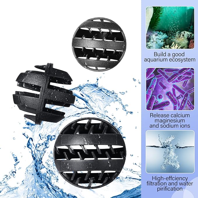 Hortsun 300 Pieces Bio Balls Pond Filter Aquarium Filter Media 1.26 Inch Saltwater Aquarium Filter Biochemical Cotton Pond Filter Accessories and 5 Pieces Black Mesh Bags for Fountain Fish Tank