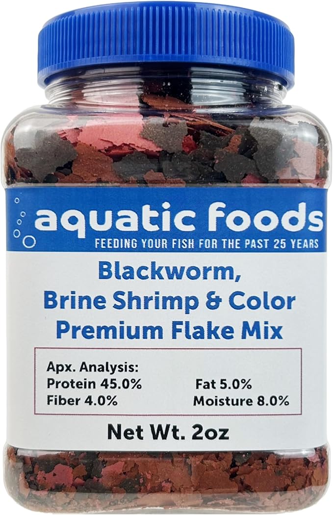 45% Blackworm & Red Brine Shrimp & Color Flake Mix for Cichlids, Discus, for All Community Tropical Fish. Aquatic Foods/Zeigler Flakes …2oz Small Jar