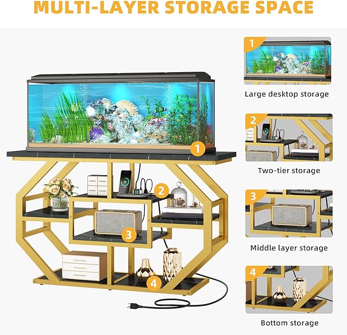 DWVO 55-75 Gallon Aquarium Stand with Power Outlet, Display Stand for Turtle Tank, Reptile Terrarium, Metal Fish Tank Stand Suitable for Living Room, Entryway, 860LBS Capacity, Black & Gold