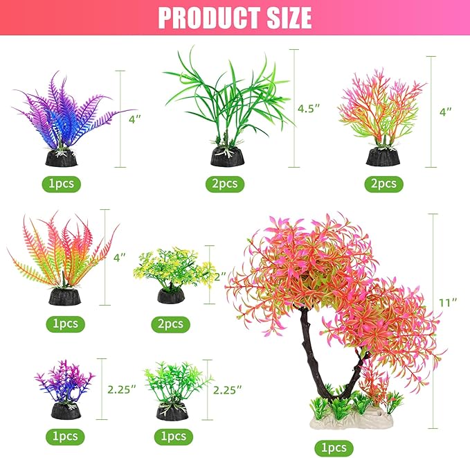 AQUANEAT Artificial Aquarium Plants, Fish Tank Pink Tree Decoration Set, Plastic Accessories, 11pcs