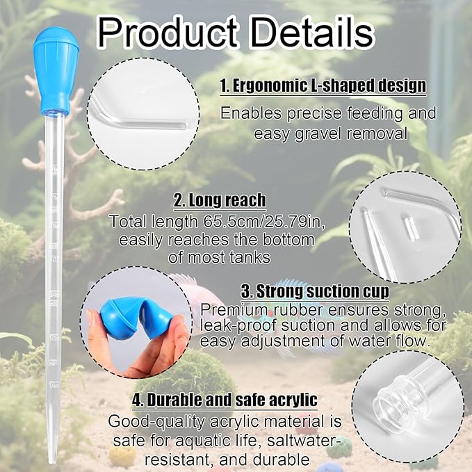 Aquarium Coral Fish Feeder, 50ml Manual Acrylic Pipette Suction Dropper with 2pcs Extension Pipes & 2pcs Connecting Hoses Fish Tank Waste Cleaning Tool & Water Changer