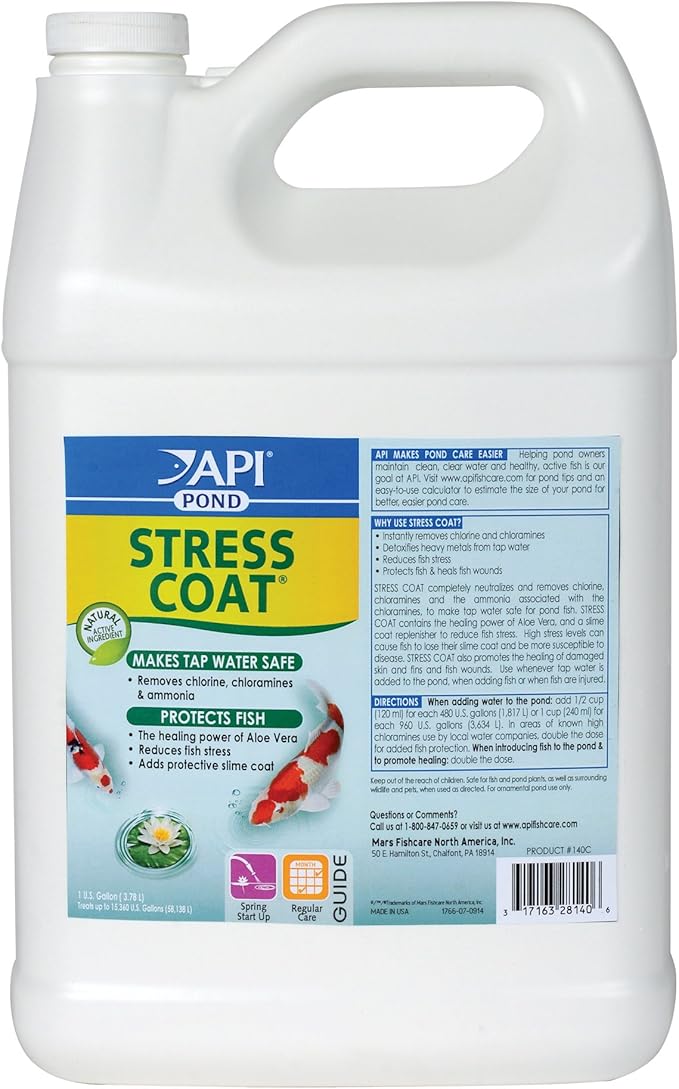 API POND STRESS COAT (1 Gallon) Pond Water Conditioner - Quickly Makes Tap Water Safe for Fish & Plants - Up to 15360 Gallons - Removes Chlorine, Ammonia & More - Natural Aloe Vera