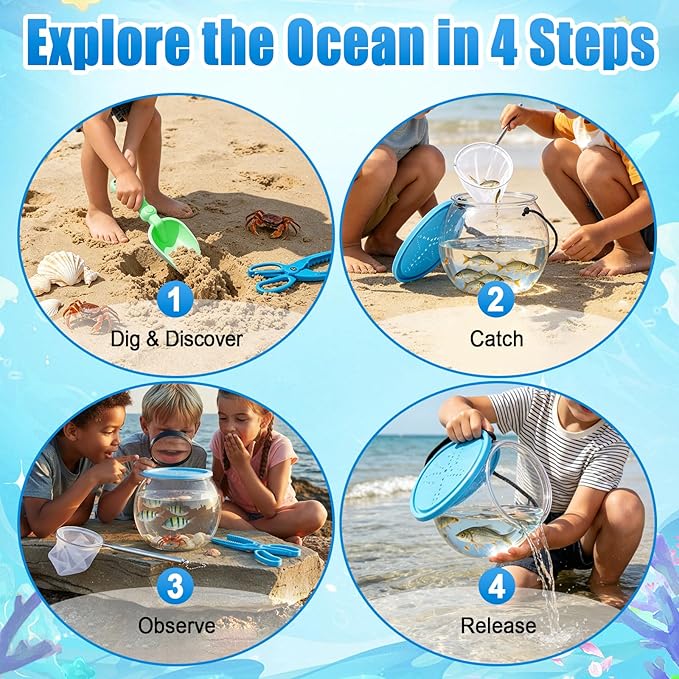Kids Beach Exploration Kit, Catch & Release Aquarium Toy Set with Net, Crab Tongs, Sand Shovels & Clear Critter Keeper, Beach Toys for Kids Ages 2–12 (Beach, Lake, River)