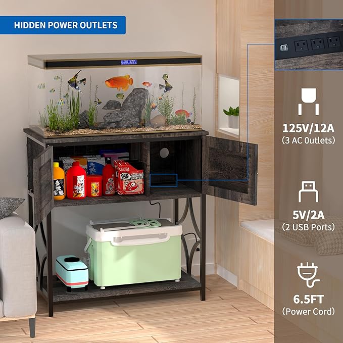 20-29 Gallon Fish Tank Stand, Aquarium Stand with Power Outlets &LED Light, Metal Frame Fish Tank Stand with Cabinet Accessories Storage, 30.7" L*15.7" W Tabletop, 330LBS Capacity, Dark Oak
