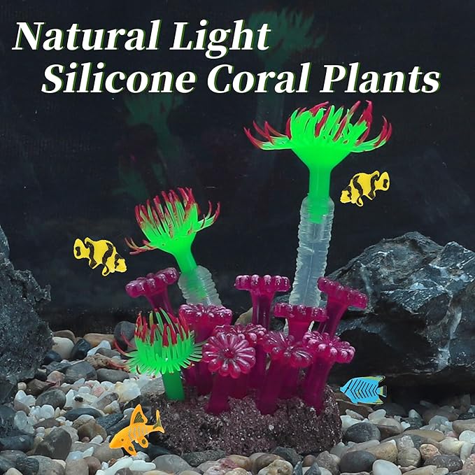Aquarium Coral, Luminous Fish Tank Ornaments, Silicone Aquarium Plants, Fish Tank Coral, Fake Coral for Fish Landscape Decoration Aquarium Ornaments, Green Purple