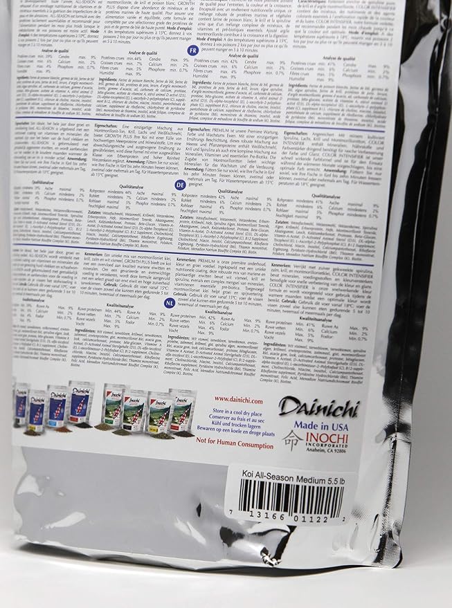 Dainichi Koi Fish Food, All-Season 5.5 lb Bag – Medium Floating Pellets (5.5 mm) for Koi, Goldfish and Pond Fish – Cold-Weather and Winter Formula – Easily Digestible Wheat Germ Formula