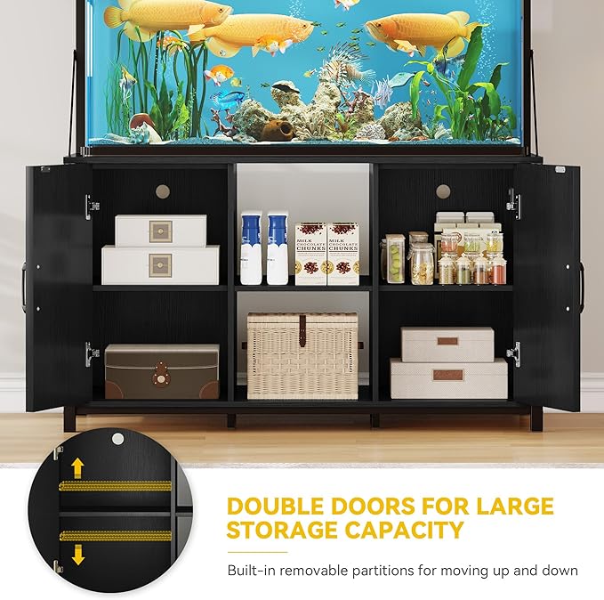 DWVO 40-120 Gallon Fish Tank Stand with Power Outlets, Heavy Duty Aquarium Stand with Storage, Metal Reptile Terrariums Table for Turtle Accessories Storage,1100LBS Capacity, Black