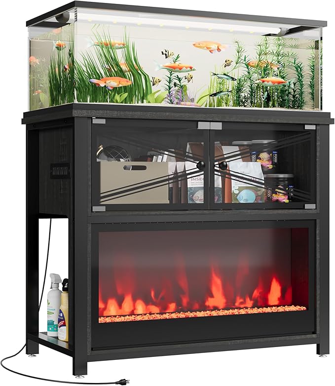 40-50 Gallon Fish Tank Stand with 20-Color LED Flames, No Heat, Metal Frame Structure Aquarium Stand, Glass Doors Storage Cabinet Holds Up to 700 LBS, Fit for Turtle Tank, Reptile Tank (Black)