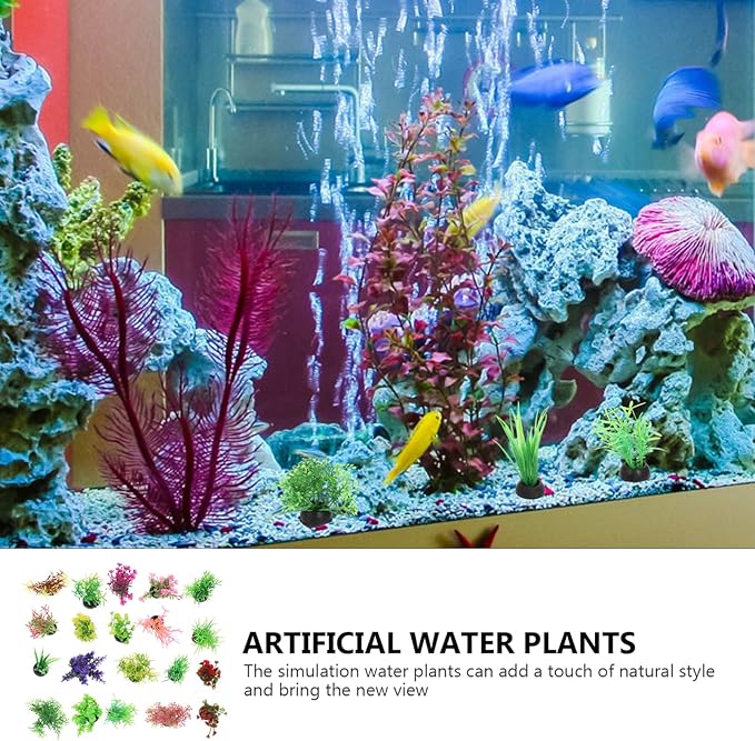 SEWACC 20pcs Artificial Fish Tank Plants Plastic Grass Plants Aquarium Decorations, Simulation Water Grass, Mixed Style, Small Betta Goldfish Turtle Tank Accessories