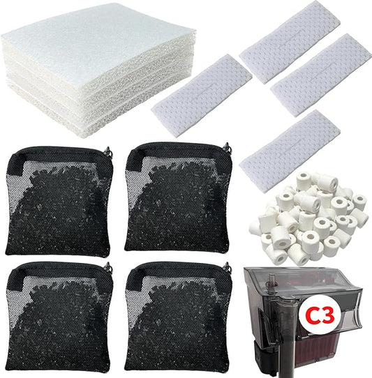 2 Aquarium Filter Media Kits Compatible with Fluval C3 (50 Gal) Aquarium Power Filter, Includes 4 Sponge Pads, 4 Tarpaulins, 4 Activated Carbons, 1 Pack Ceramic Ring