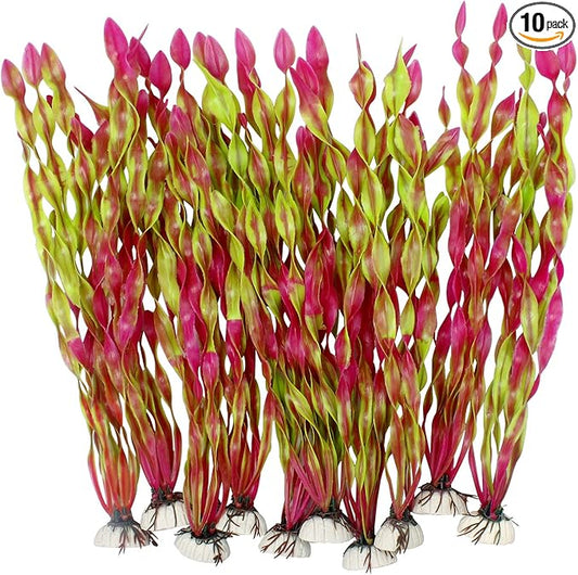 MyLifeUNIT Artificial Seaweed Water Plants for Aquarium, Plastic Fish Tank Plant Decorations 10 PCS (12 Inches Tall, Wine Red)