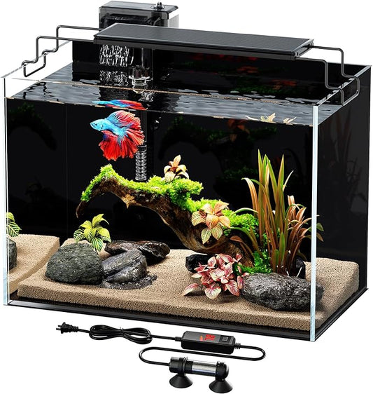 5 Gallon Fish Tank Aquarium Kit with Heater, HOB Filter, LED Light with Timer, Lid, Siphon Vacuum Cleaner, Self Cleaning Glass Rimless Betta Tank