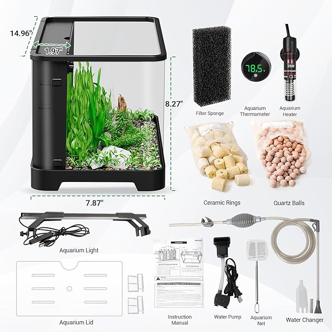 3.5 Gallon Betta Fish Tank, All in One Aquarium Starter Kits with Back Filter, Adjustable Pump, 25W Heater, LED Thermometer, LED Light with Timer & Water Changer Kit, Gifts for Mom Wife