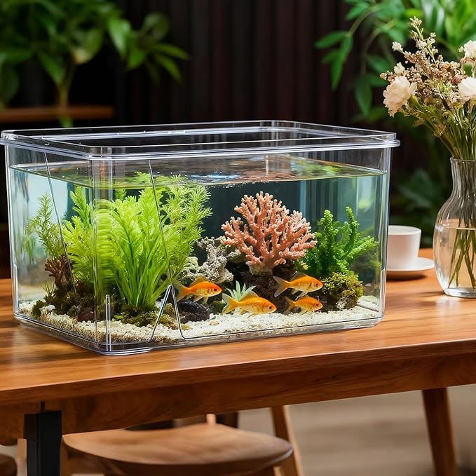 Geelin 7 Gallon Plastic Fish Tank Large Bowl Shatterproof with Crystal Clear Clarity for Terrarium, Flower Vase Centerpiece Gift for Fish Lovers (Square)
