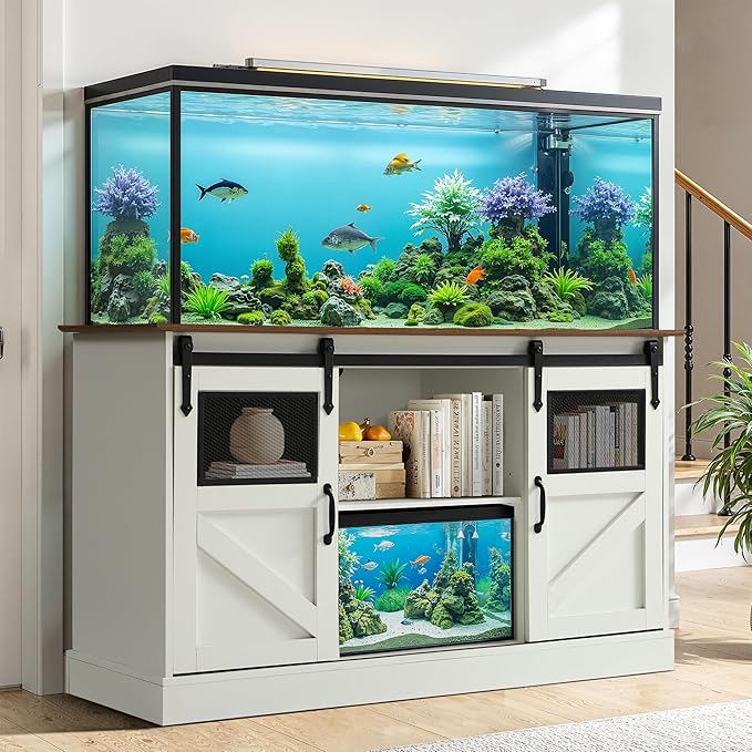 MAGIC UNION 55-75 Gallon Large Fish Tank Stand with Power Outlet, Heavy Duty Aquarium Stand with Sliding Barn Doors, Turtle Reptile Terrarium Stand with Cabinet for Accessories Storage, 1300LBS(White)