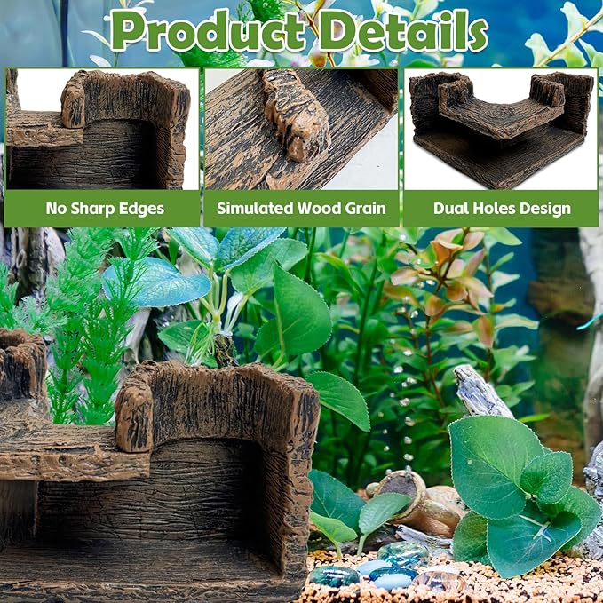 kathson Aquarium Hideaway Cave Underground Tunnel Hideout Resin Rock Dual Hole Hideout for Corners View Fish in Aquarium Decoration with 2PCS Plastic Aquatic Plants for Betta Shrimp Guppy Hide