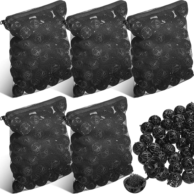 CHENGU 500 Pieces Bio Filter Balls Black Bio Balls for Aquarium Pond Filters Bulk 1.02 Inch Internal Bioball Media with 5 Pieces Filter Media Mesh Bags with Zipper for Aquarium Fish Tank Pond