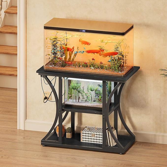 50 Gallon Aquarium Stand with Power Outlets Fish Tank Stand with 3-Tier Storage Shelves Display Stand for Turtle Tank Shelves Metal Frame Stand for Living Room Office Entryway(Black)