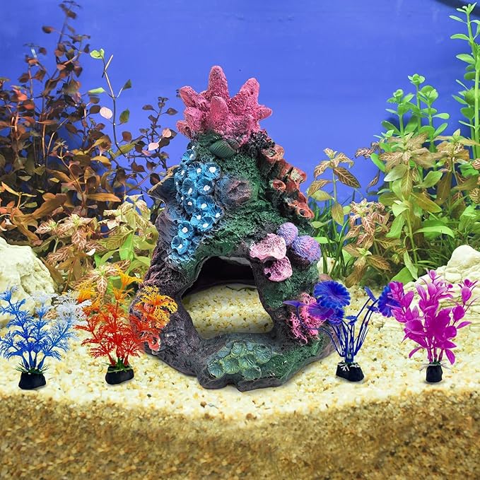 PINVNBY 5 PCS Colorful Coral Small Fish Tank Decorations, Resin Mountain Ornament and Artificial Aquarium Plants for Goldfish Betta Fish Tank Cave Hideout Sleep Rest Play Breed