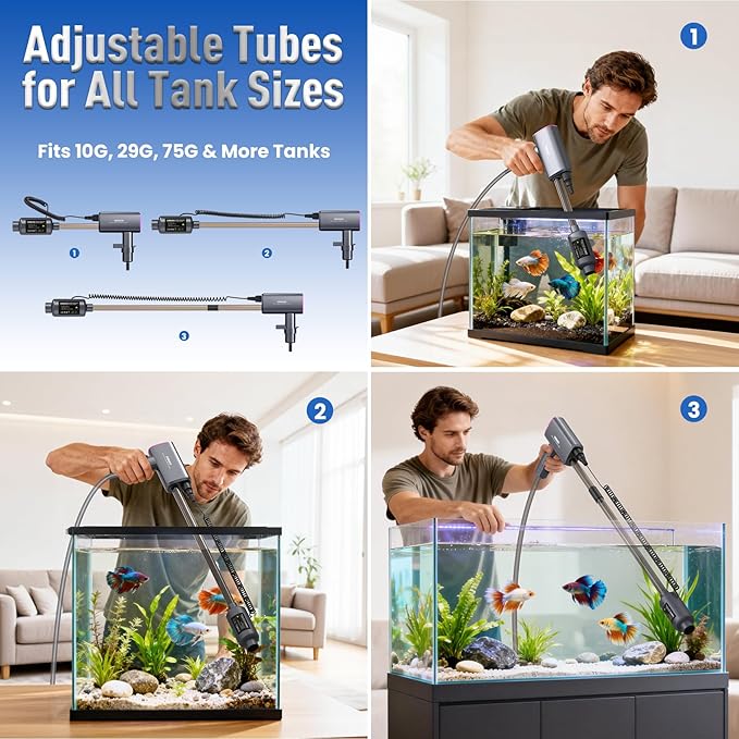 Cordless Electric Aquarium Gravel Cleaner: Rechargeable Fish Tank Cleaner with 4 Adjustable Suction, Anti-Clog for Debris Clean & Sand Washing,650GPH Automatic Water Changer for Small/Large Tank