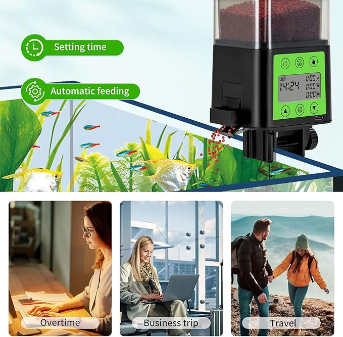 Podazz Automatic Fish Feeder for Aquarium with Timer, LCD Display 320ML Large Capacity Adjustable Fish Dispenser, Operated Feeders for Goldfish, Turtle for Vacation, Weekend or Daily Use(Green)