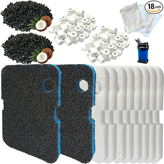 18 Pack Filter Media Compatible with Penn-Plax Cascade 1200 & 1500 CCF4UL/CCF5UL Canister Aquarium Filters, Includes Bio-Sponge Filters, White Floss Pads, Activated Carbons, Ceramic Rings & MeshBags