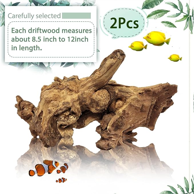 Tfwadmx Aquarium Natural Driftwood Decor Wood Branches, 2 Pieces 8.5-12" Fish Tank Driftwood Decoration, Terrarium Mopani Wood for Aquarium Freshwater Reptile Tank