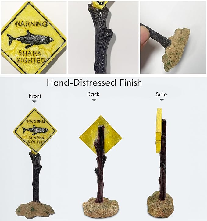Shark Warning Sign Aquarium Decor – Realistic Resin Caution Ornament with Weighted Base for Fish Tank & Ocean Theme Tanks