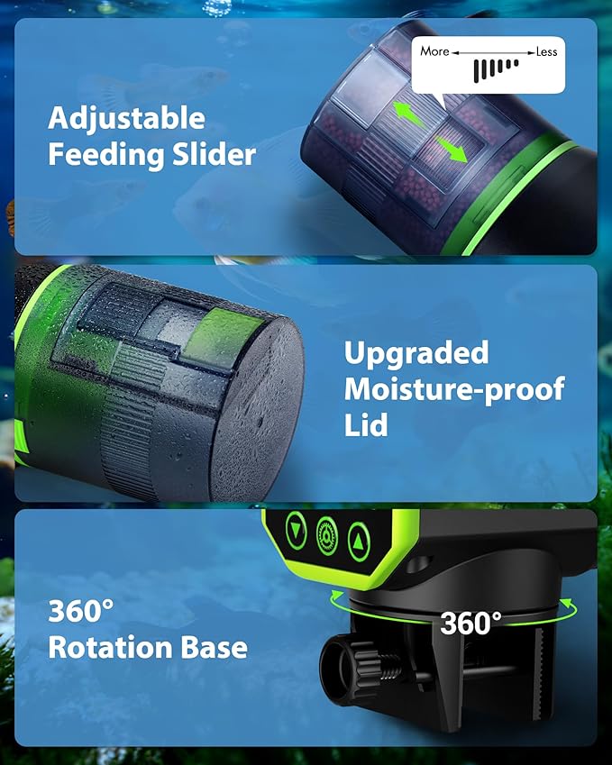 WiFi Automatic Fish Feeder for Aquarium: App-Controlled Auto Feeders for Tank Turtle Pond Betta with Water Temperature Monitoring & Alarm, Timed Auto-Feeding for Flake Pellet Vacation Weekend